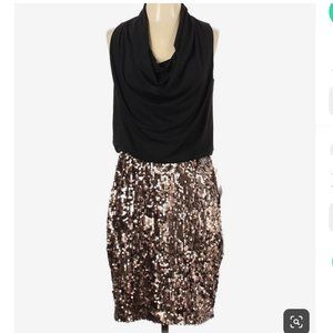Black Cowl Neck Dress with Bronze Gold Sequins Size 6 Melanie Lyne Donna Ricco